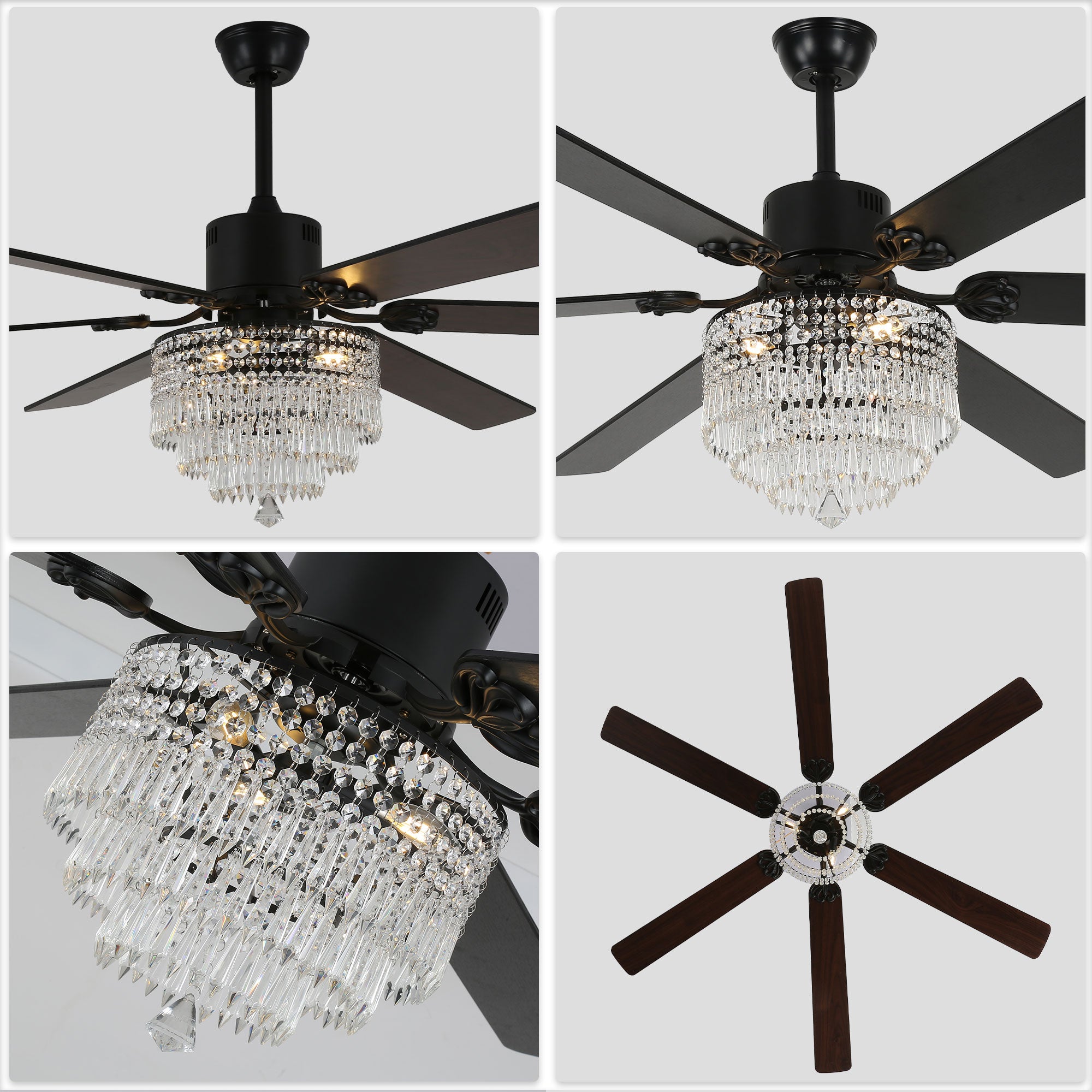 DC6502-BellaDepot 65" Black/Silver Finish Metal Crystal Wooden Reversible Ceiling Fan with Remote and 3 Lights, Large Size Ceiling Fan