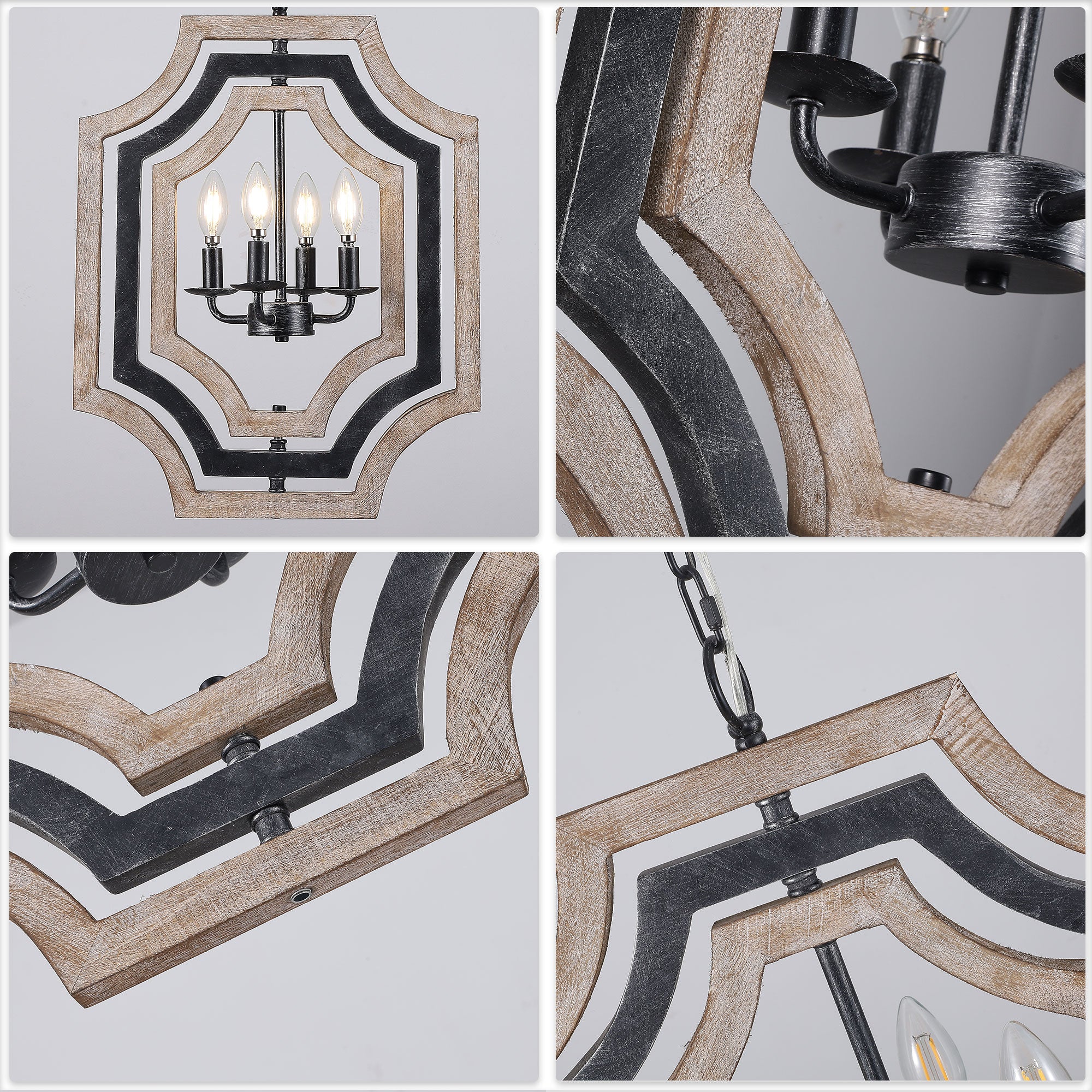 4 - Lights Distressed Wood Chandelier with Adjustable Chain, 16.9" Geometric Chandelier for Entryway with DIY Shade