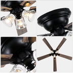 52/60 Inch Black Farmhouse Flush Mount Ceiling Fan with Lights and Remote Control, 6 Speeds DC Motor Low Profile Ceiling Fan with Glass Shade