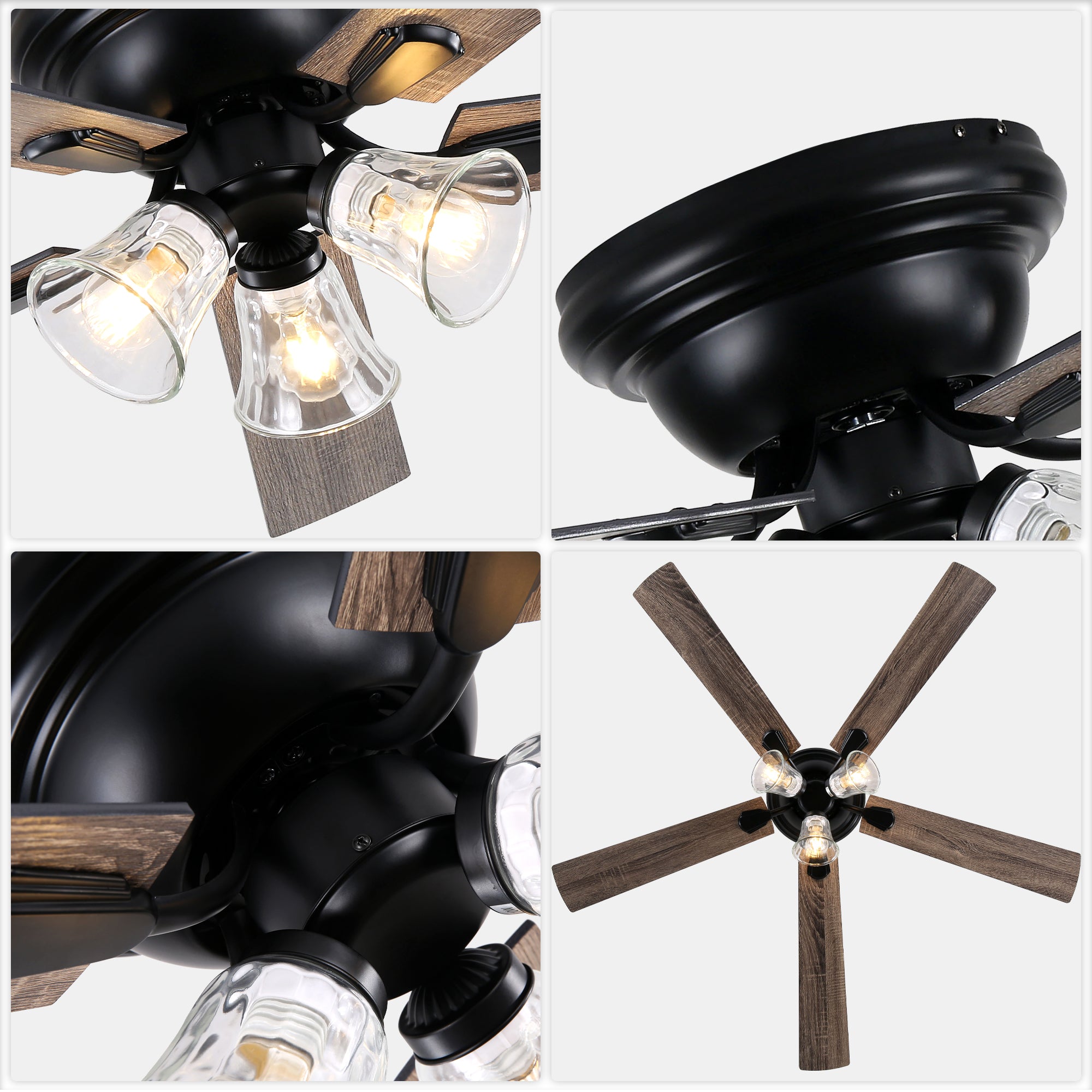 52/60 Inch Black Farmhouse Flush Mount Ceiling Fan with Lights and Remote Control, 6 Speeds DC Motor Low Profile Ceiling Fan with Glass Shade