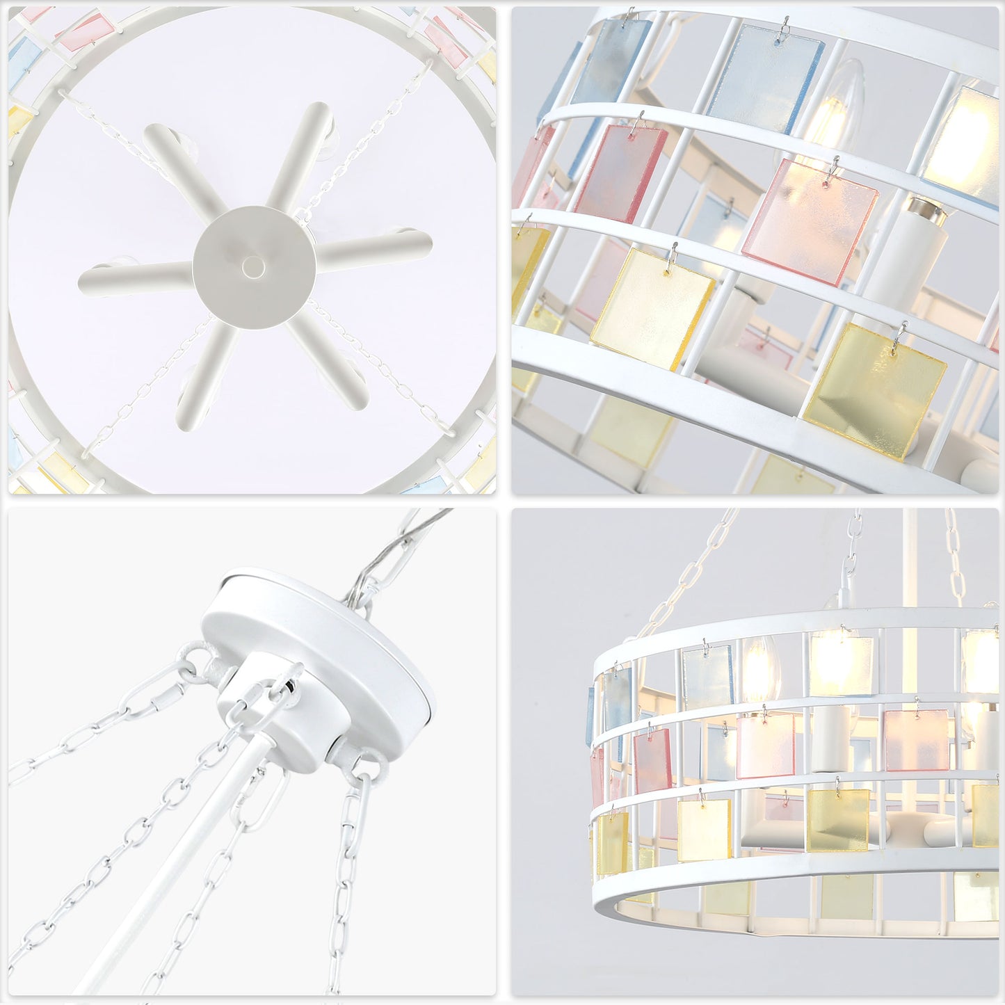 BD4084-W-18" Modern Colorful Accents White Metal Caged Chandelier, Pendant Light, with Adjustable Chain and 6 Lights