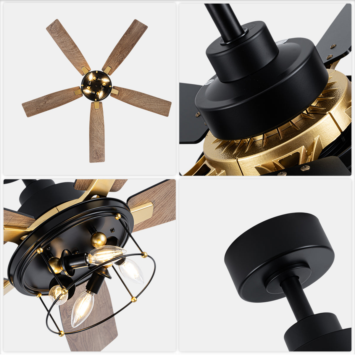 Industrial 52 Inch Gold/Black Caged Ceiling Fan with Light Quiet Reversible DC Motor with 6 Speed Remote Control Ceiling Fan 5 Blades Ceiling Fan Suit for Kitchen Bedroom Living Room