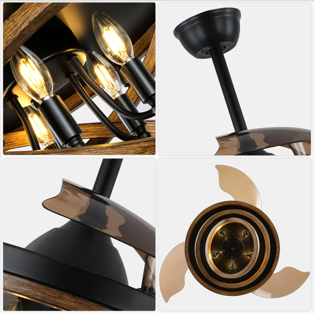 42 Inch Black Farmhouse Retractable Ceiling Fan with Lights and Remote Control, 6 Speeds Reversible Fandelier Ceiling Fan with DIY Shade