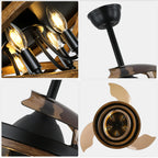 42 Inch Black Farmhouse Retractable Ceiling Fan with Lights and Remote Control, 6 Speeds Reversible Fandelier Ceiling Fan with DIY Shade