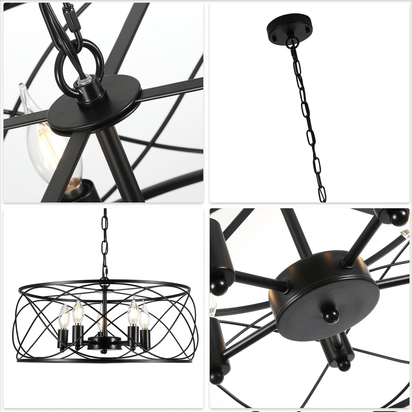 FC4076-Black/Silver Simple Linear Metal Caged Chandelier, Geometric Pendant Light, with Light Kit and Adjustable Chain