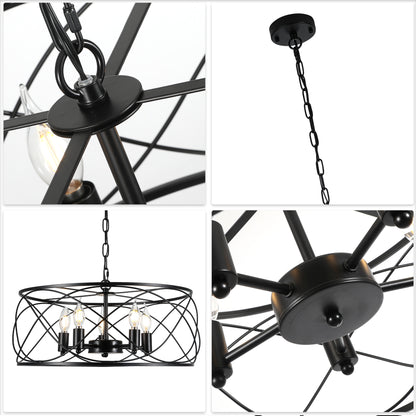 FC4076-Black/Silver Simple Linear Metal Caged Chandelier, Geometric Pendant Light, with Light Kit and Adjustable Chain