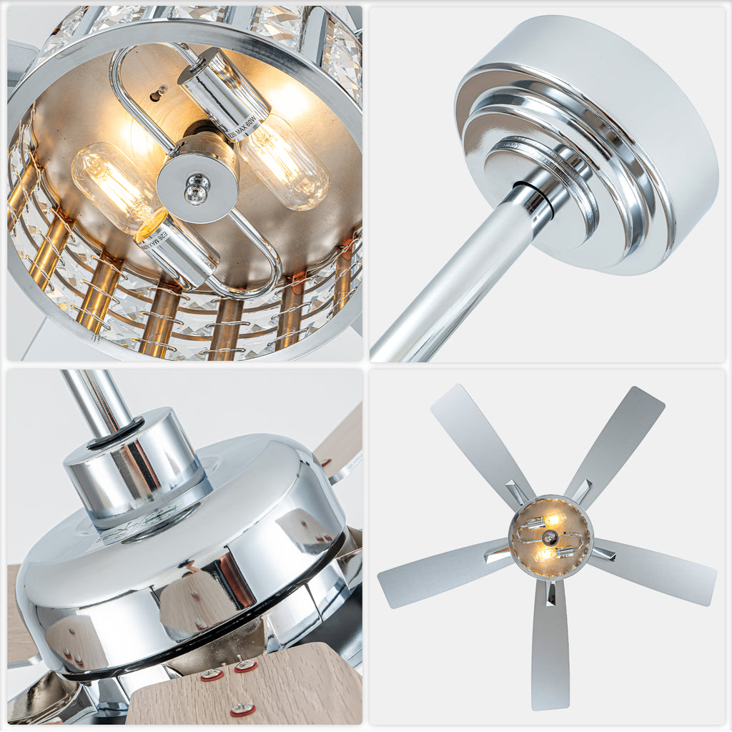 52 Inch Chrome Glam Crystal Ceiling Fan with Lights and Remote Control, 6 Speeds Reversible Ceiling Fan with Crystals