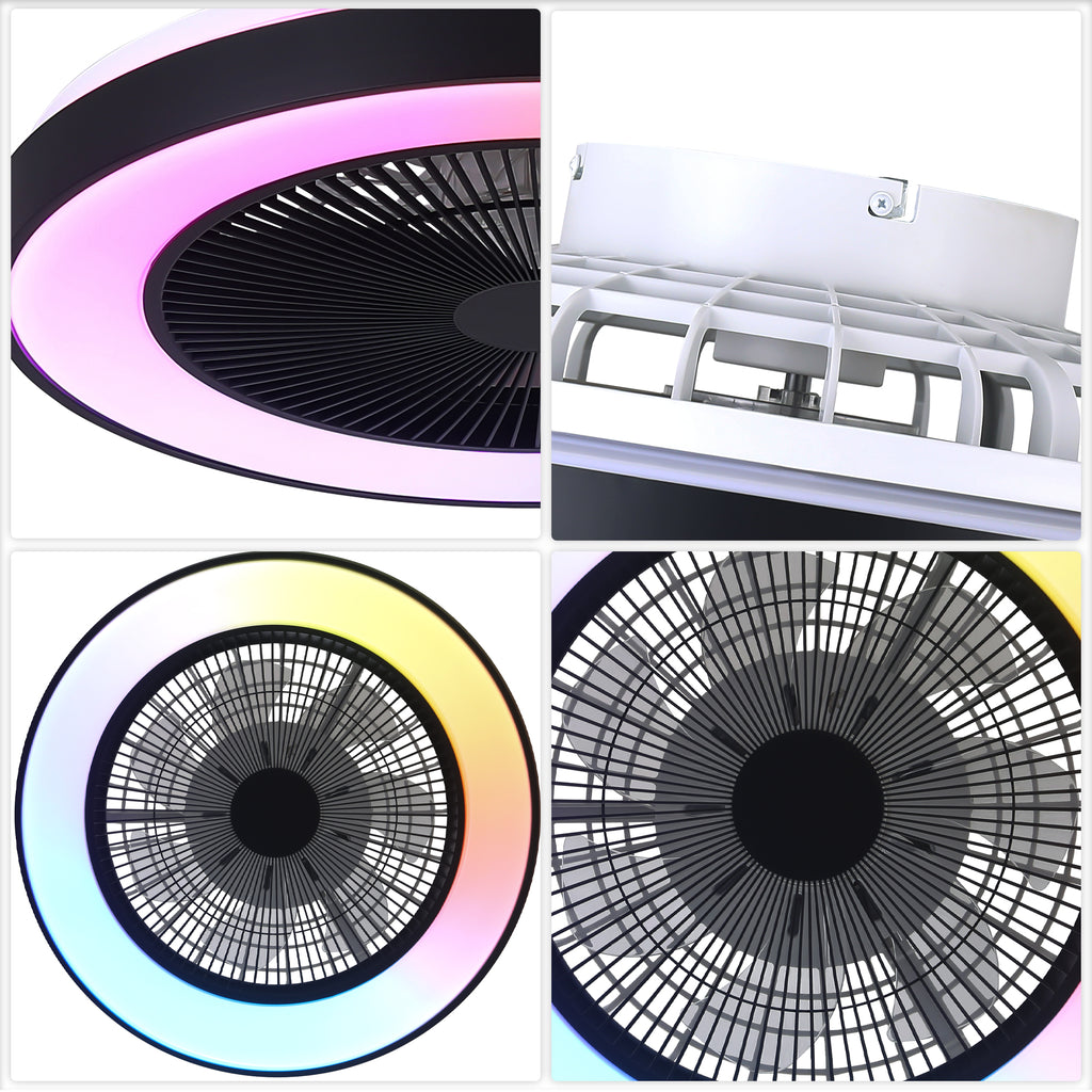19 Inch Modern Smart Flush Mount Ceiling Fan with Dimmable LED Light and Remote, 6 Speeds DC Motor Bladeless Ceiling Fan for Low Profile with RGB Light