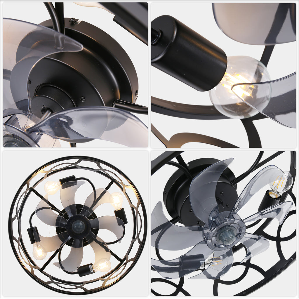 Industrial 20 Inch Caged Flush Mount Ceiling Fan with Light Quiet Reversible DC Motor with Remote Control Small Ceiling Fan Modern 7 Blades Ceiling Fan with Light Suit for Bedroom，Kitchen