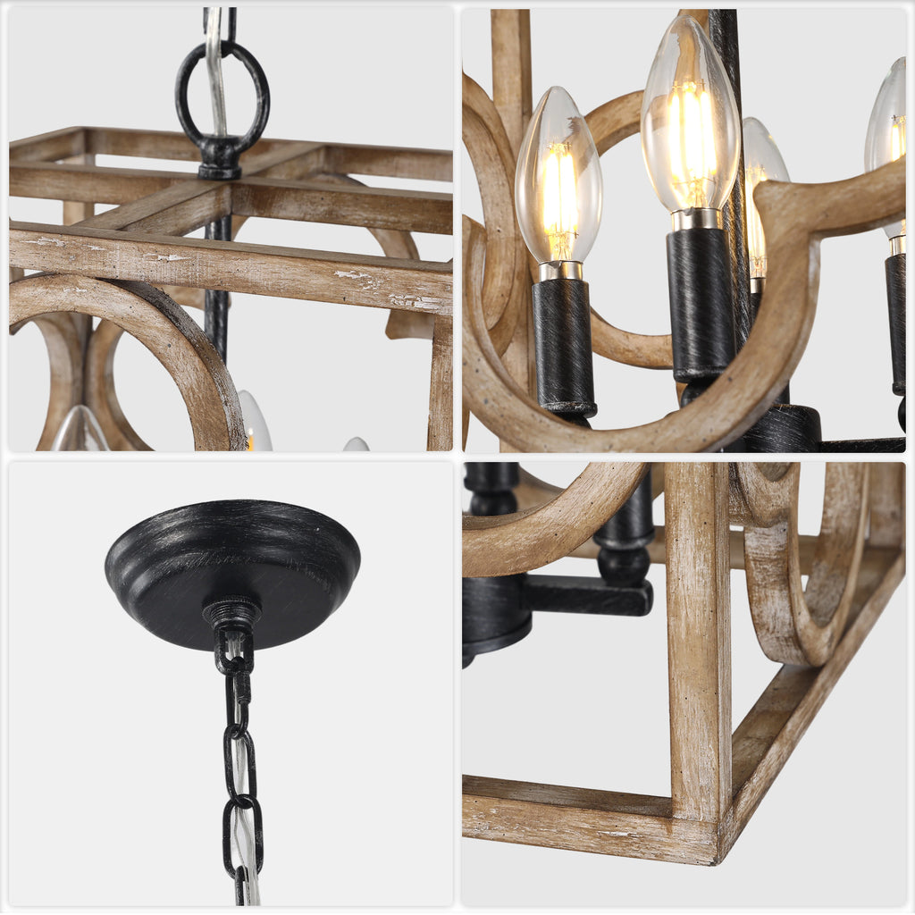 Farmhouse Wooden Square 14 Inch Chandelier with 4-Light Hollowed Out Handmade Wooden Adjustable Chain Chandelier Vintage Chandelier Suit for Bedrooms, Living rooms, Kitchens