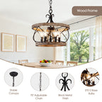 3 - Lights Farmhouse Drum Chandelier, 13" Wooden Chandelier for Dining Room with Height Adjustable