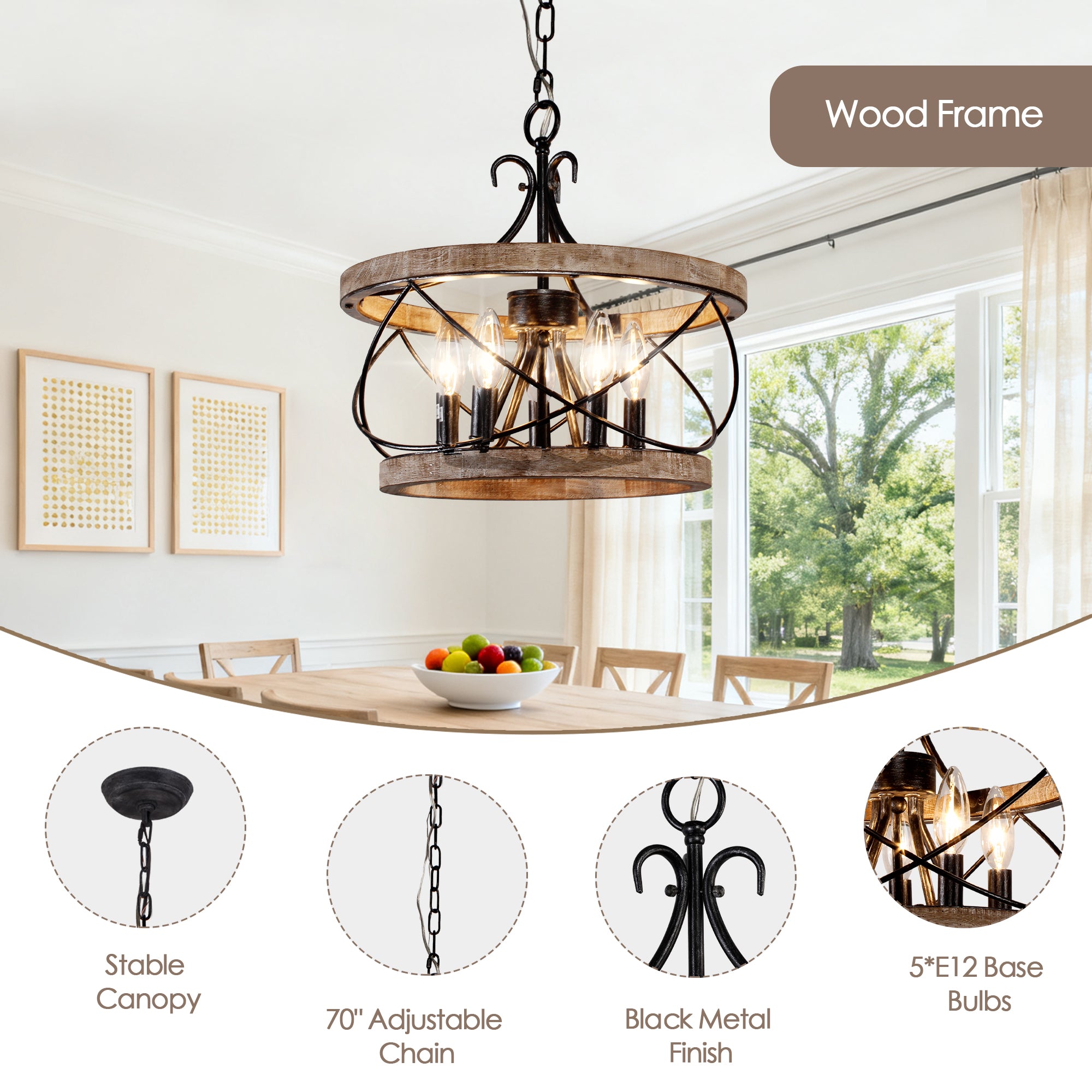 3 - Lights Farmhouse Drum Chandelier, 13" Wooden Chandelier for Dining Room with Height Adjustable