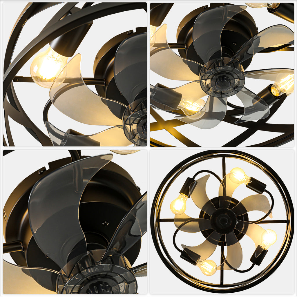 20 Inch Black Industrial Ceiling Fan with Light and Remote, 6-Speed DC Motor Bladeless Ceiling Flush Mount & Downrod Options