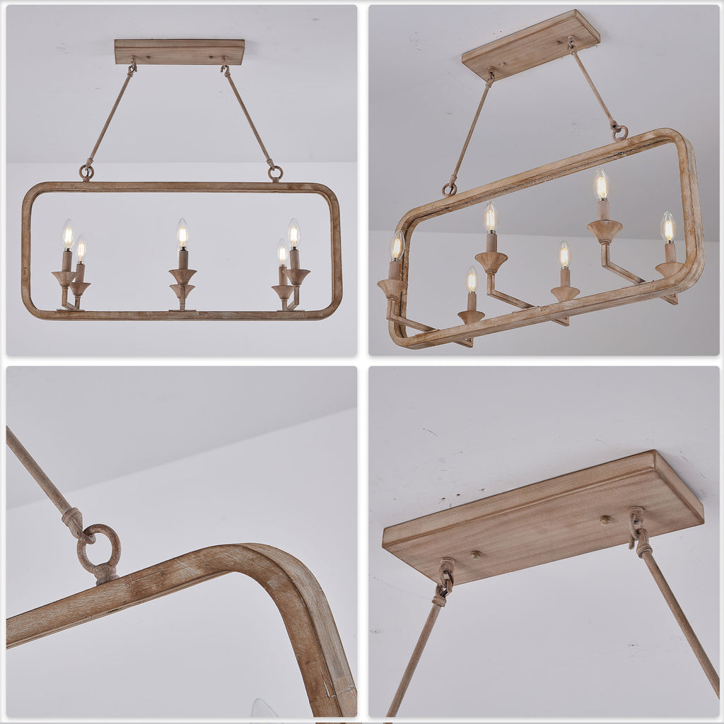 6 - Lights Rustic Distressed Wood Chandelier, Vintage Farmhouse Chandeliers for Dining Room Kitchen Island Lighting