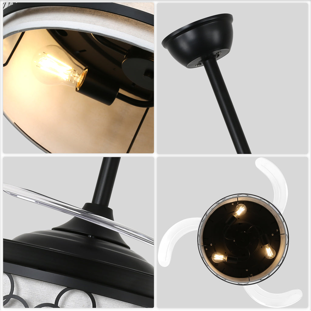 42 Inch Black Retractable Ceiling Fan with Lights and Remote, 6 Speeds DC Motor Farmhouse Black Bladeless Ceiling Fan for Bedroom