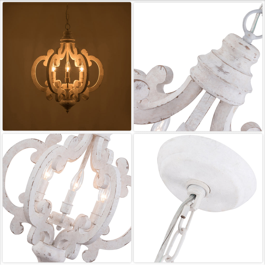 6-Light Distressed Wood French Country Vintage Geometric Chandelier with Adjustable Chain, Farmhouse Solid Wooden Chandelier
