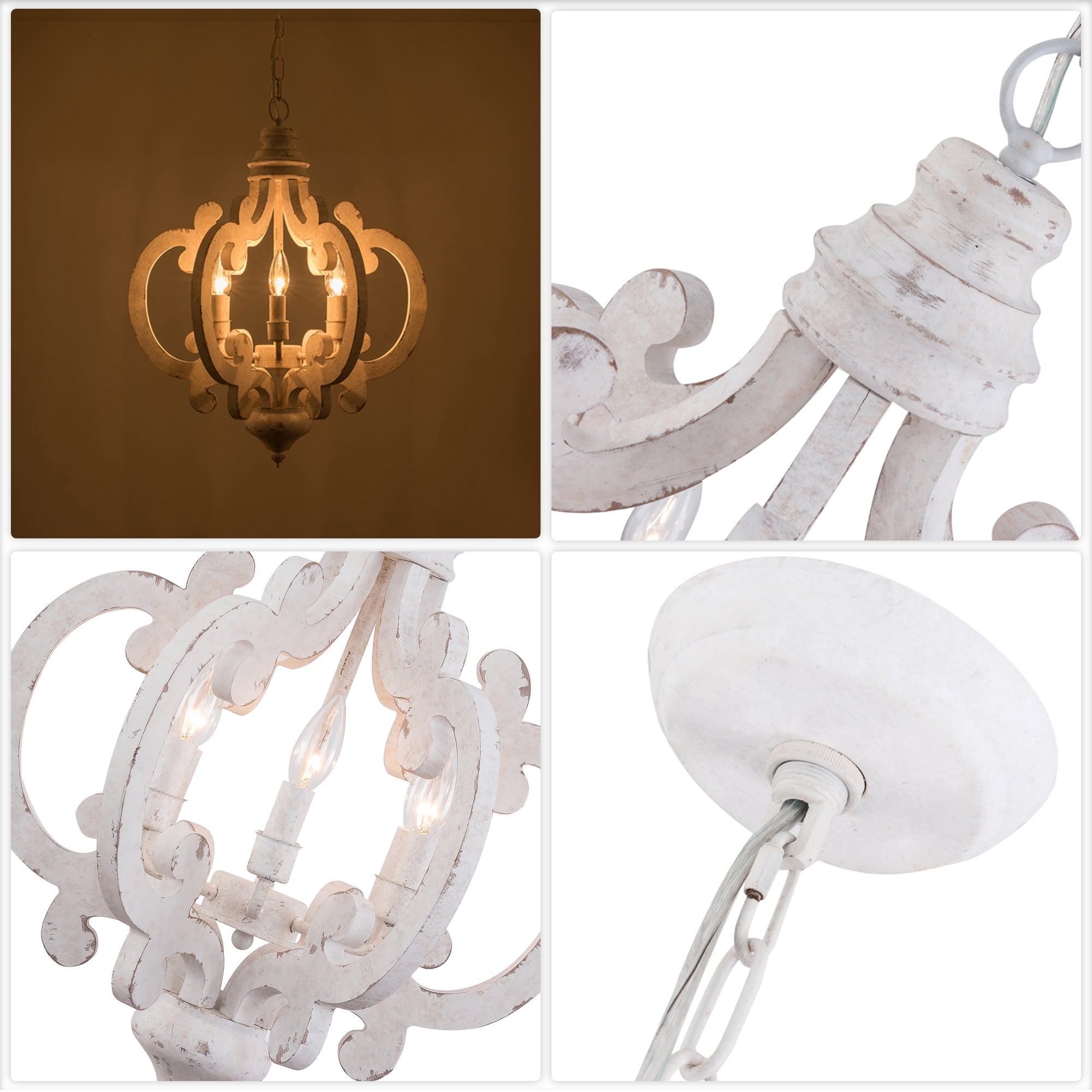 6-Light Distressed Wood French Country Vintage Geometric Chandelier with Adjustable Chain, Farmhouse Solid Wooden Chandelier
