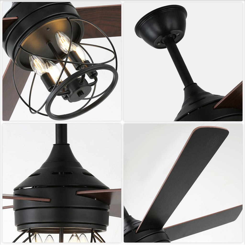52 Inch Rustic Black Ceiling Fan with Lights and Remote, 6-Speed DC Motor Reversible Farmhouse Industrial Ceiling Fan