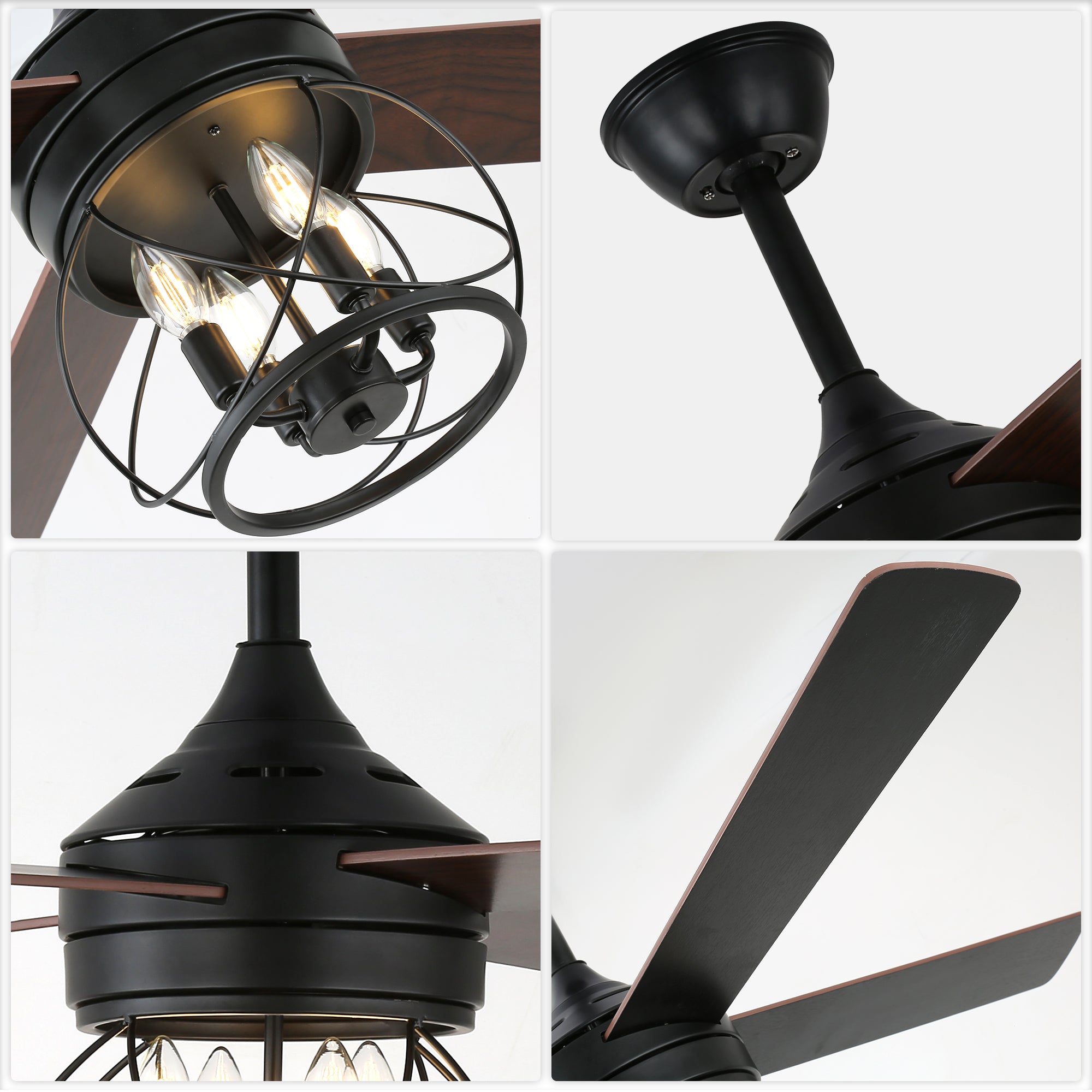 52 Inch Rustic Black Ceiling Fan with Lights and Remote, 6-Speed DC Motor Reversible Farmhouse Industrial Ceiling Fan