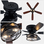 Farmhouse 52 Inch Caged  Flush Mount Ceiling Fan with Light Quiet Reversible DC Motor with 5 Fan Blades Ceiling Fan with Light Remote Control Adjustable 6 Speed Ceiling Fan with Light Suit for Bedrooms, Living Rooms, Kitchens