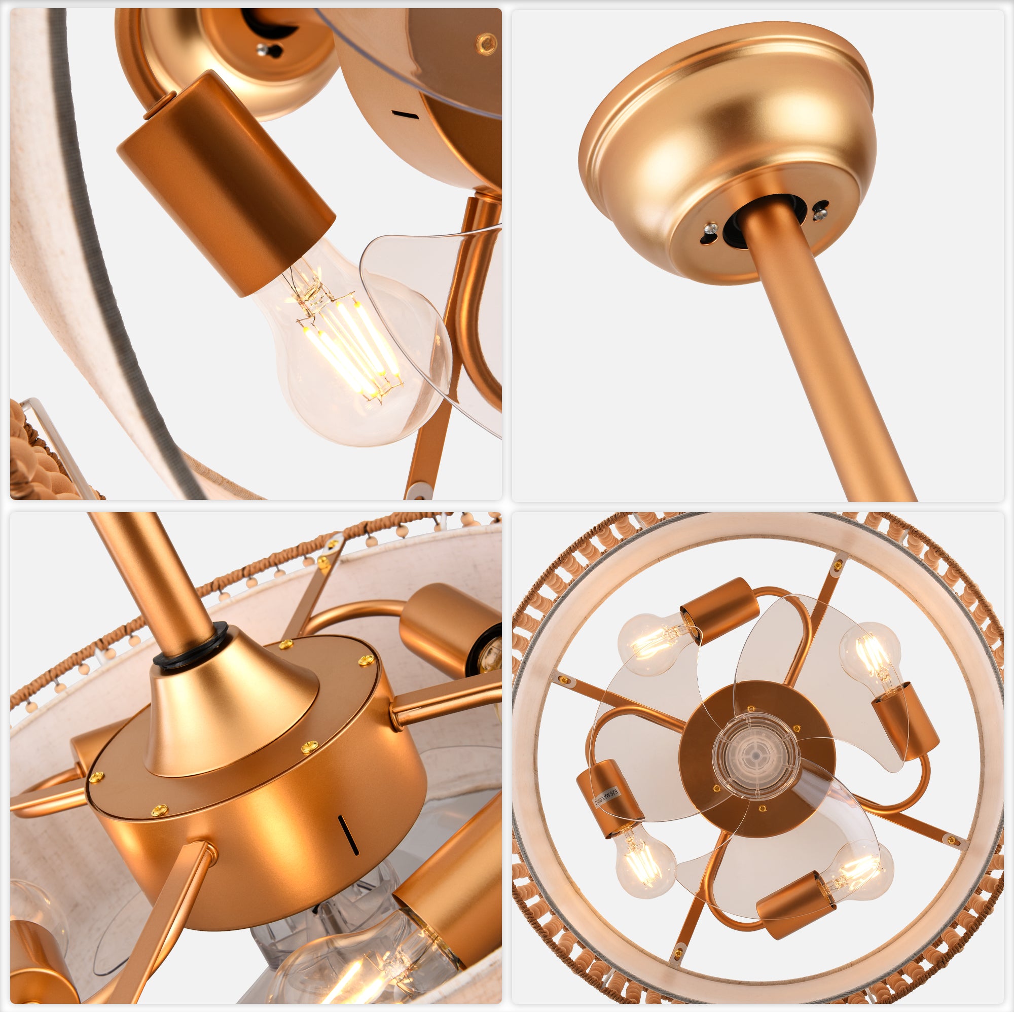 20 Inch Gold Bohemian Drum Ceiling Fan with Lights and Remote, 6 Speeds DC Motor Reversible Bladeless Fandelier Ceiling Fan with Wood Beaded Shade