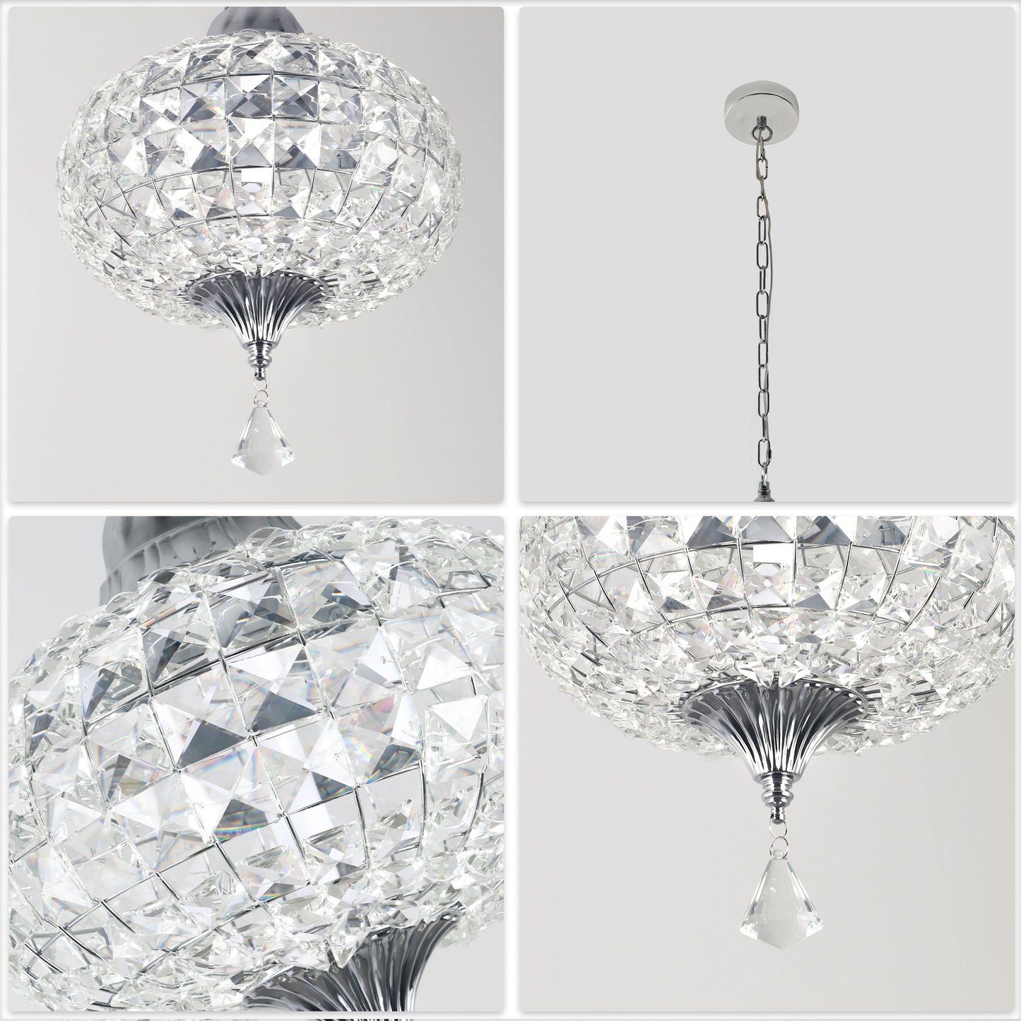 FC4073-Black/Silver Glamorous Luxury Crystal Chandelier, Geometric Pendant Light, Height Adjustable