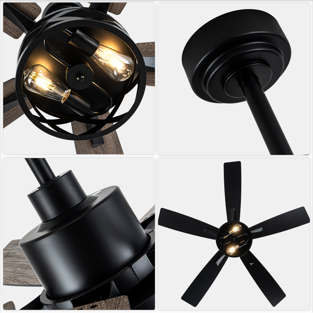 52 Inch Industrial Wood Grain Caged Ceiling Fan with Remote and Reversible Blades, 6-Speed Ceiling Fan with Lights
