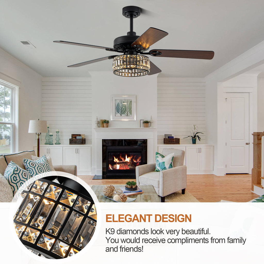 52" Black Modern Glam Crystal Ceiling Fan with Lights and Remote, 6-Speed Reversible Caged Chandelier Ceiling Fan for Large Room