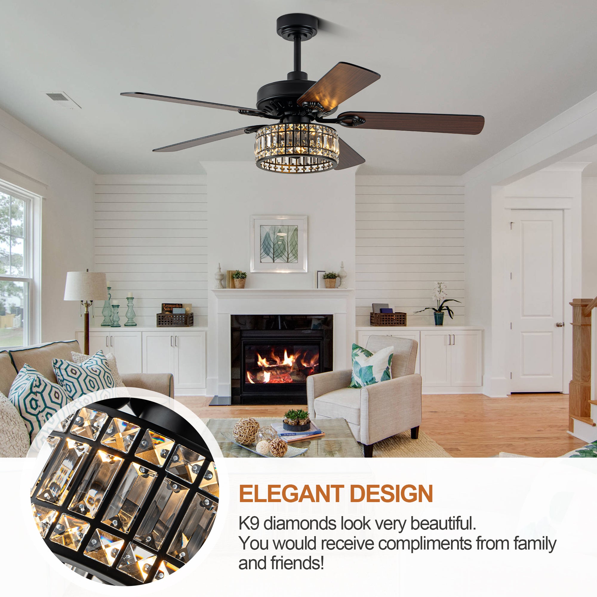 52" Black Modern Glam Crystal Ceiling Fan with Lights and Remote, 6-Speed Reversible Caged Chandelier Ceiling Fan for Large Room
