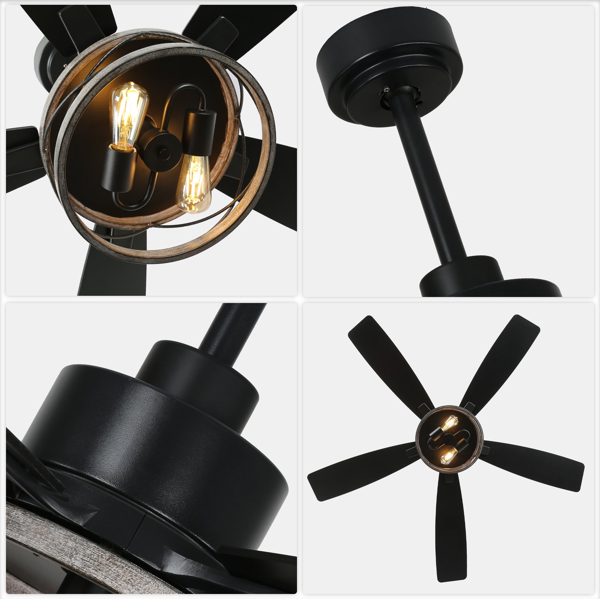 52 Inch Black Farmhouse Ceiling Fan with Lights and Remote Control, 6 Speeds DC Motor Reversible Caged Ceiling Fan
