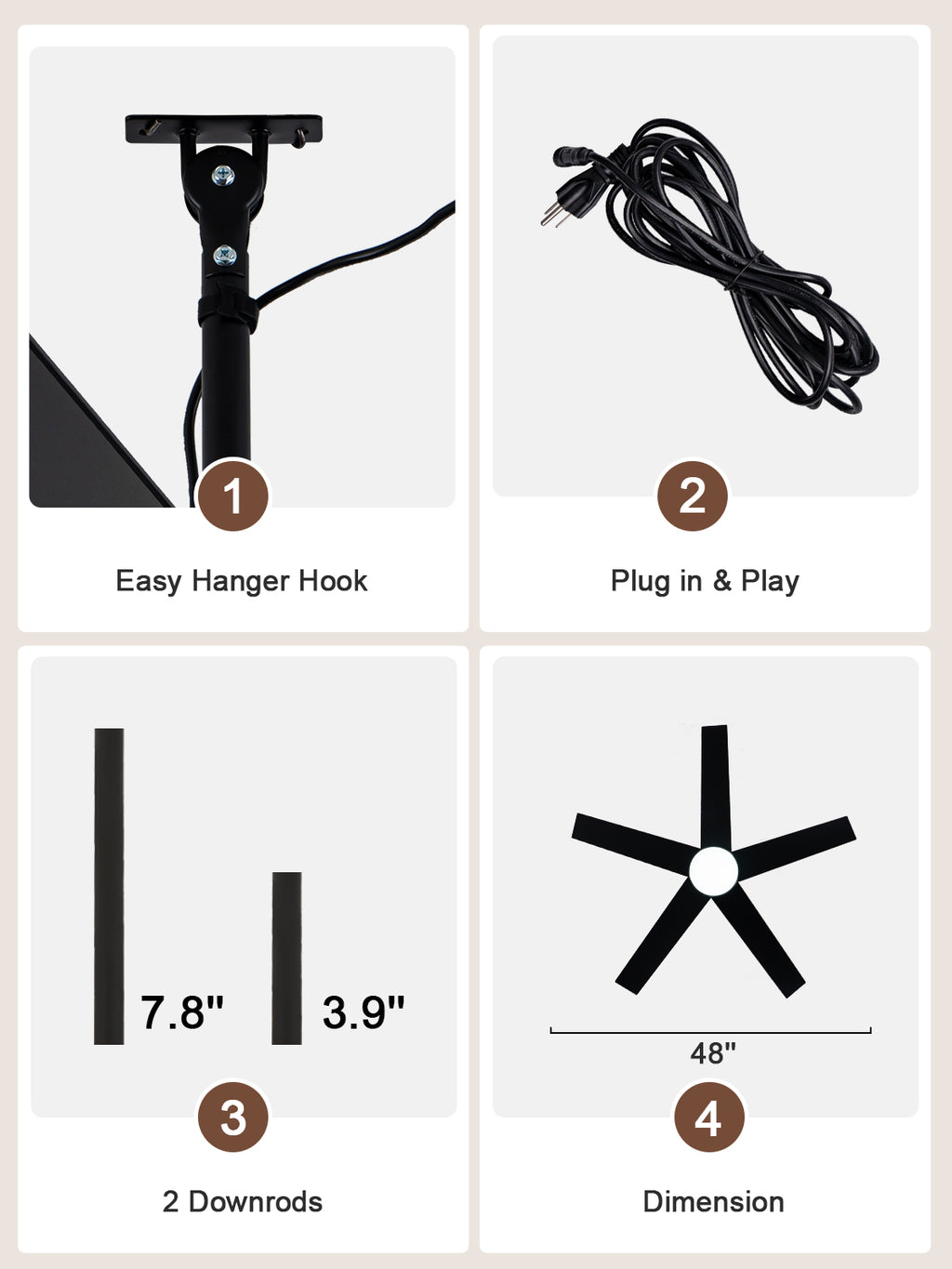Industrial 48 Inch Outdoor Ceiling Fan with Light, Waterproof Black Blades, Dimmable LED and Remote Control Ceiling Fan Quiet DC Motor Ceiling Fan Suit for Patio, Gazebos
