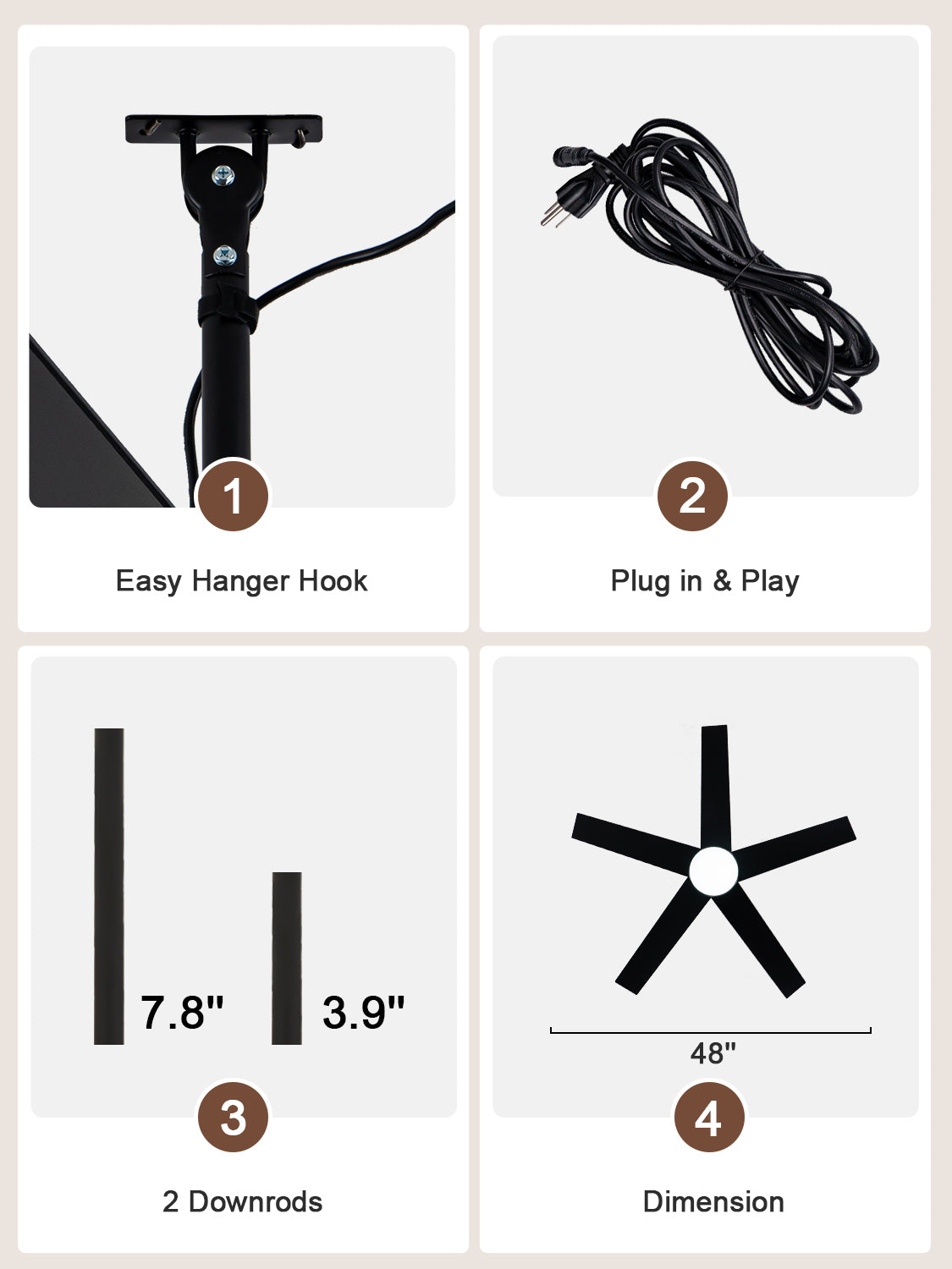 Industrial 48 Inch Outdoor Ceiling Fan with Light, Waterproof Black Blades, Dimmable LED and Remote Control Ceiling Fan Quiet DC Motor Ceiling Fan Suit for Patio, Gazebos