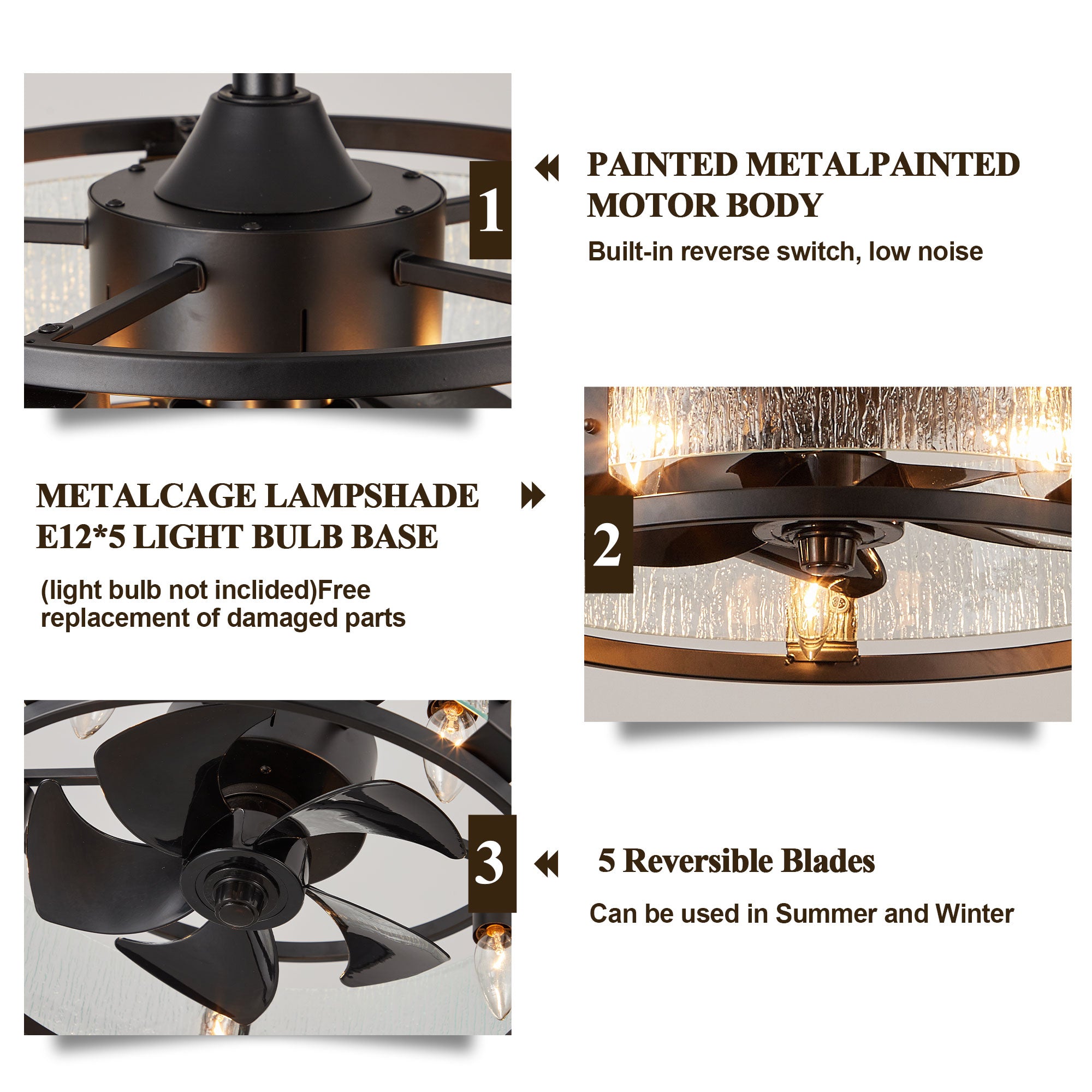 GED004-BellaDepot 18" Modern Water Ripple Glass Reversible Ceiling Fan with Remote and 5 Lights