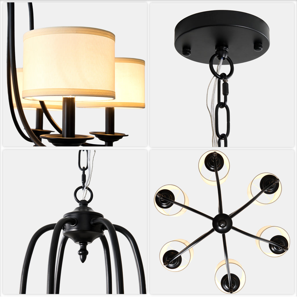6 - Light Traditional Farmhouse Chandelier with Fabric Shades, 30 Inch Black Chandelier, Adjustable Classic Dining Room Light Fixture for Living Room