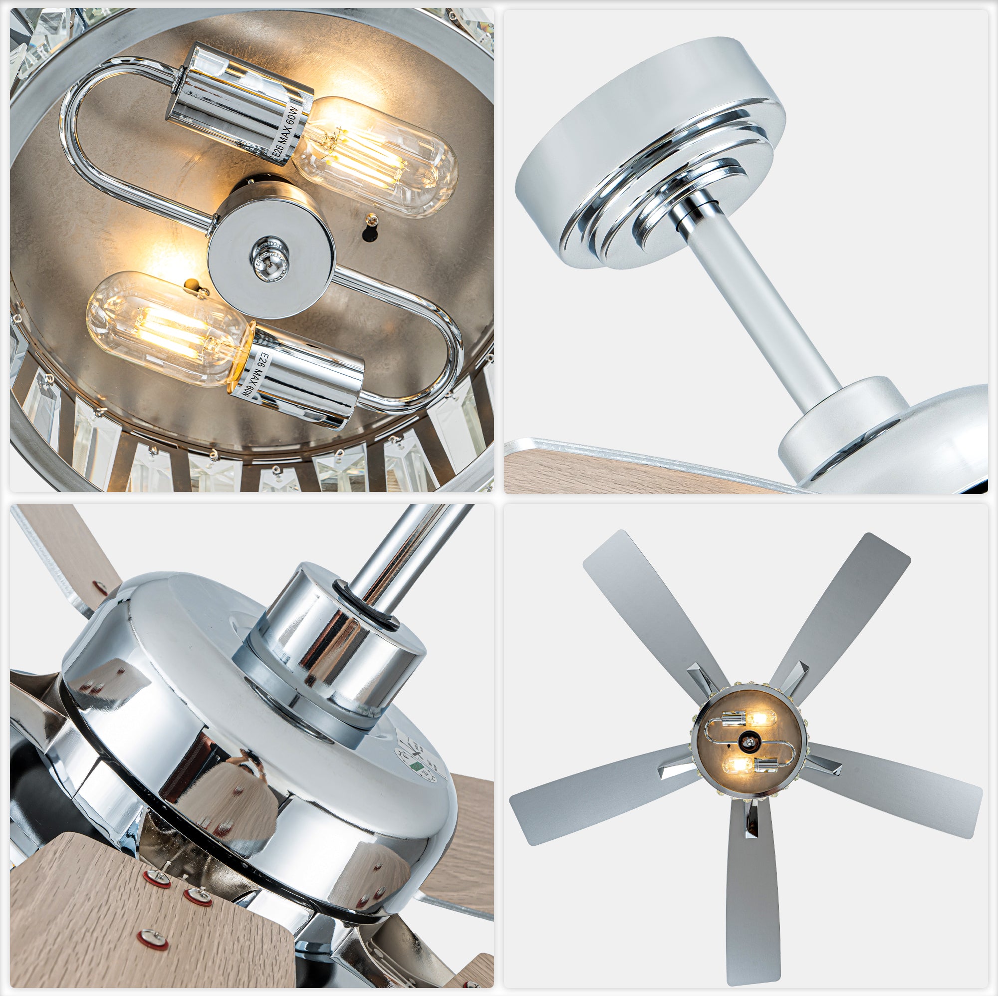52 Inch Chrome Contemporary Glam Ceiling Fan with Lights and Remote Control, 6 Speeds Reversible Ceiling Fan with Crystals