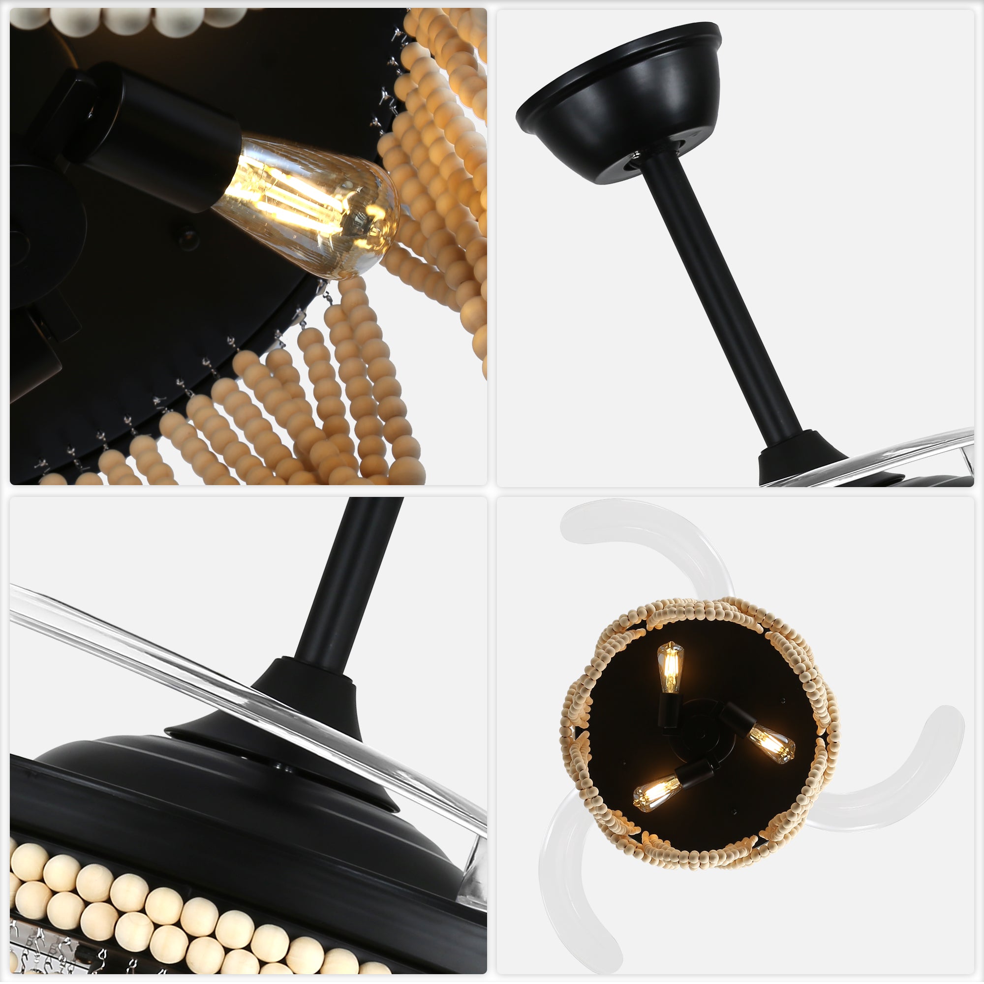 42 Inch Black/Gold/White Boho Retractable Ceiling Fan with Lights and Remote, 6 Speeds DC Motor Bladeless Ceiling Fan with Wood Beaded Shade