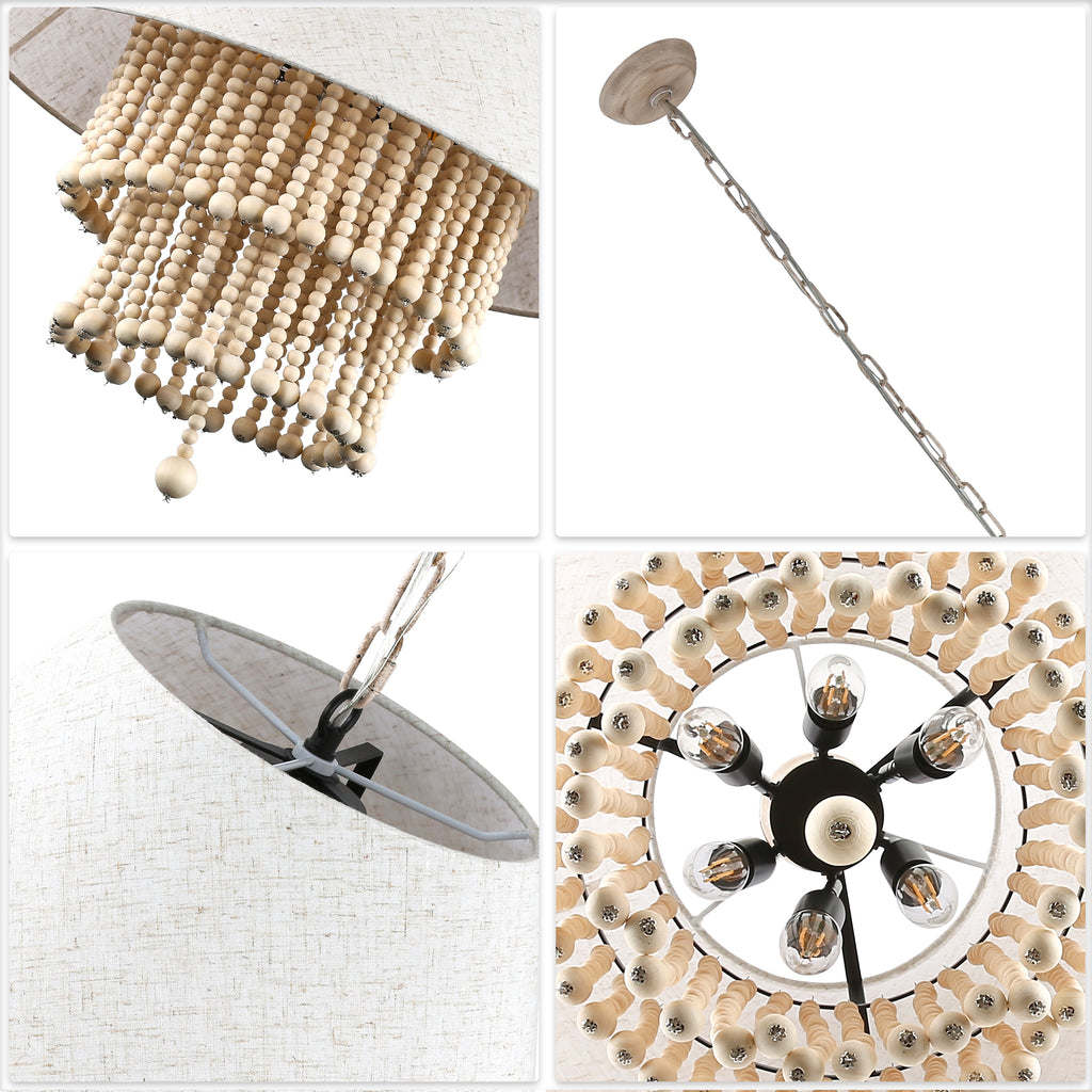 3 - Lights Bohemian Drum Chandelier with Wood Beaded Shade, Fabric Chandelier for Dining Room Living Room