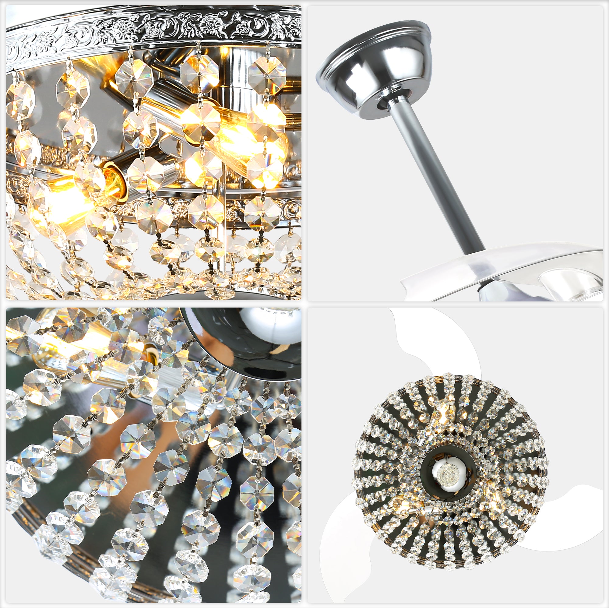 42 Inch Chrome Modern Glam Crystal Retractable Ceiling Fan with Lights and Remote Control, 6 Speeds DC Motor Fandelier Ceiling Fan