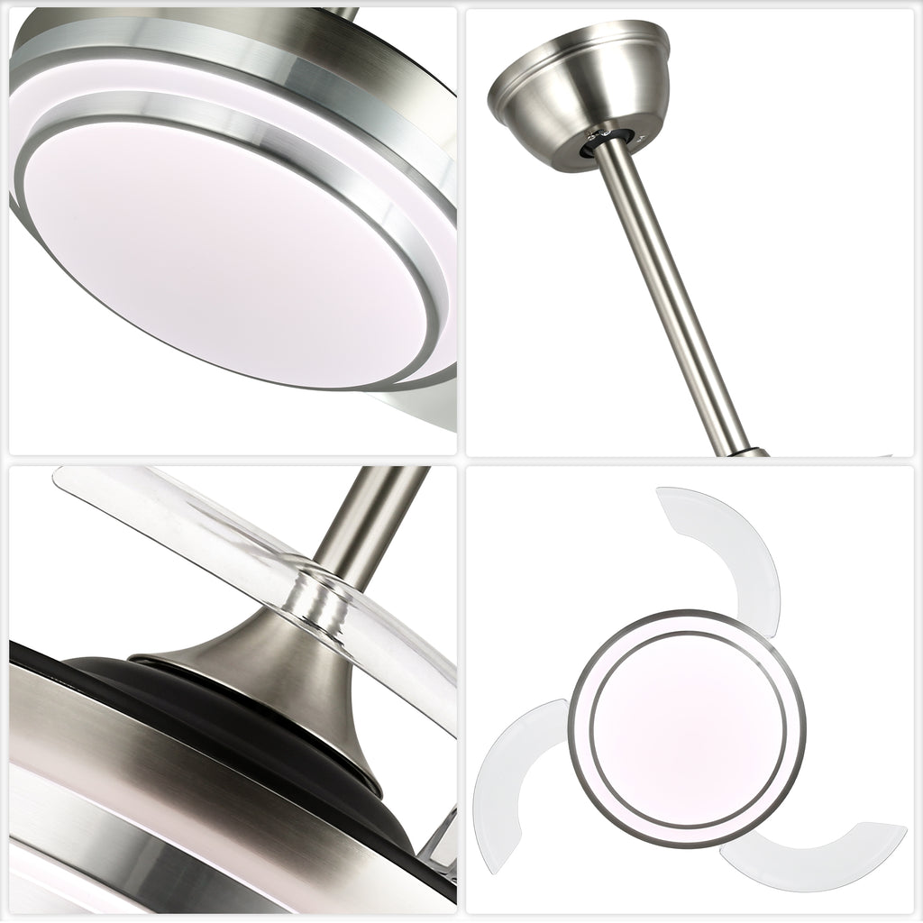 36 Inch Chrome Modern Retractable Ceiling Fan with LED Light and Remote, 6 Speeds DC Motor Bladeless Fandelier Ceiling Fan