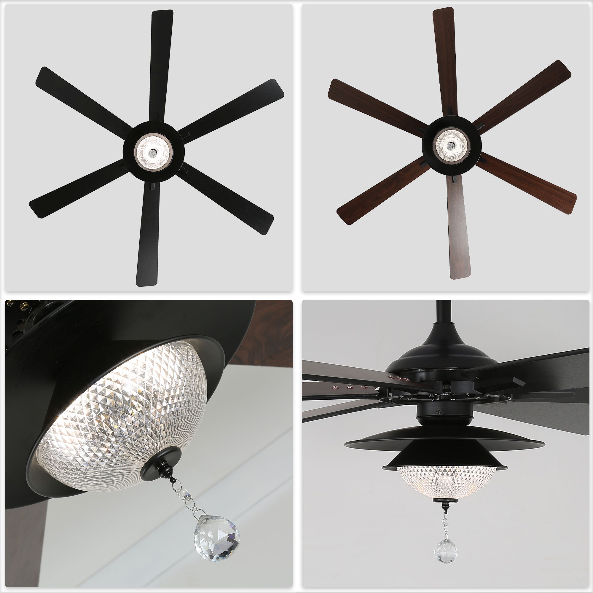DC7204-BellaDepot 72" Silver/Black Finish Modern Urban Crystal Reversible Ceiling Fan with Remote and LED Light Kit, Large Size Ceiling Fan