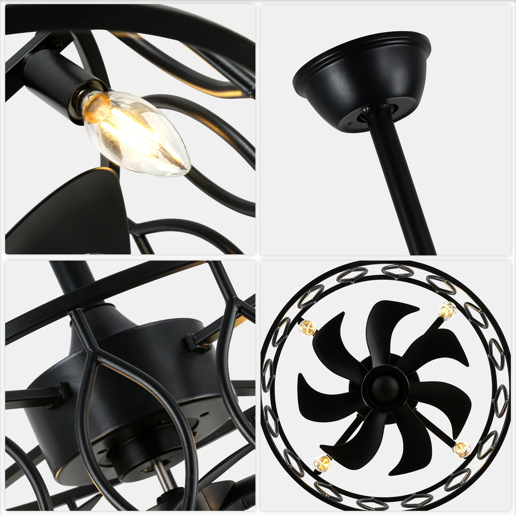 19 Inch Modern Black Caged Ceiling Fan with Lights and Remote Control, 6 Speeds DC Motor Fandelier Bladeless Ceiling Fan