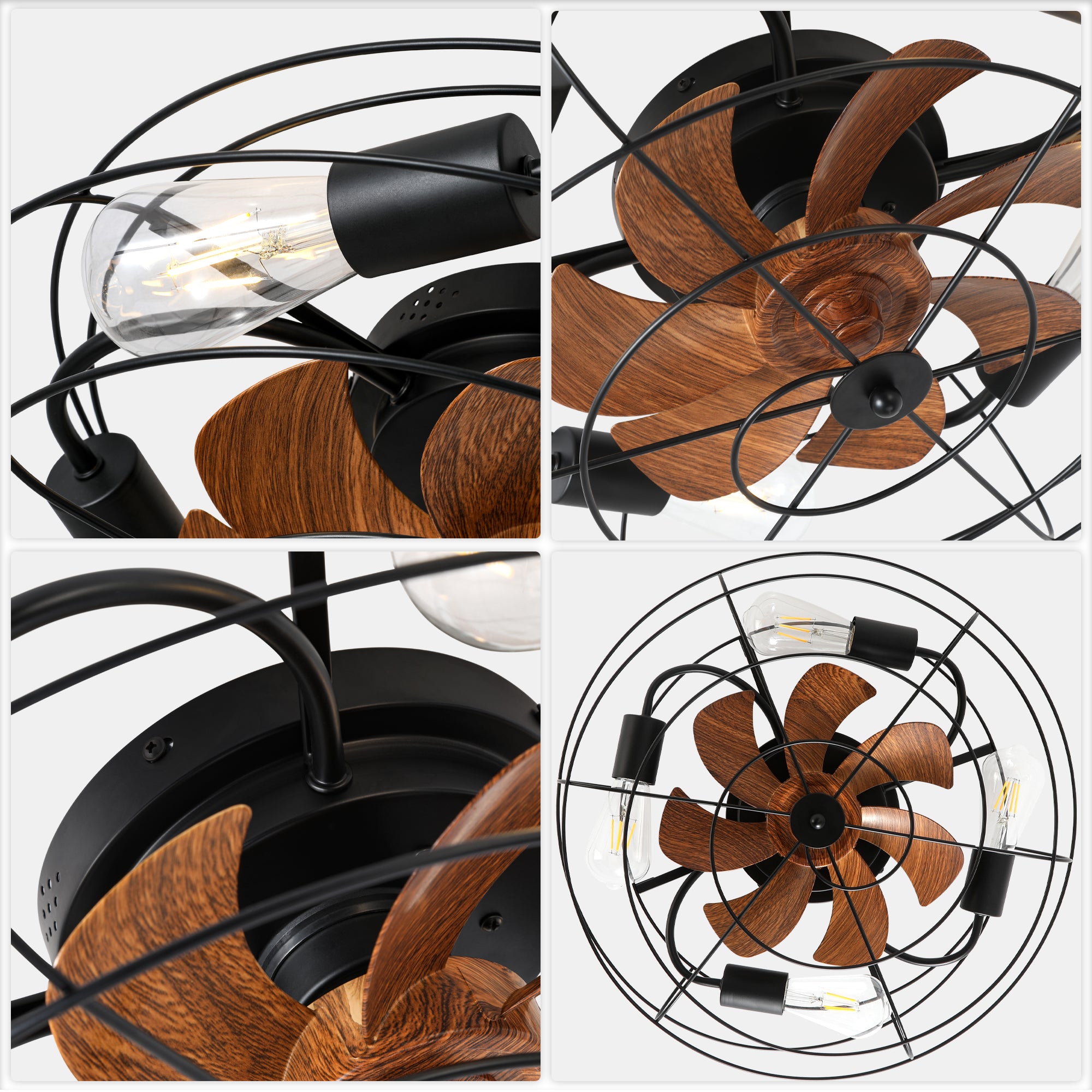 20 Inch Farmhouse Industrial Flush Mount Ceiling Fan with Lights and Remote, 6 Speeds DC Motor Bladeless Caged Ceiling Fan for Bedroom