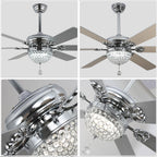 65 Inch Black/Chrome Modern Glam Crystal Ceiling Fan with Dimmable LED Light and Remote, 6 Speeds DC Motor Ceiling Fan with Crystals