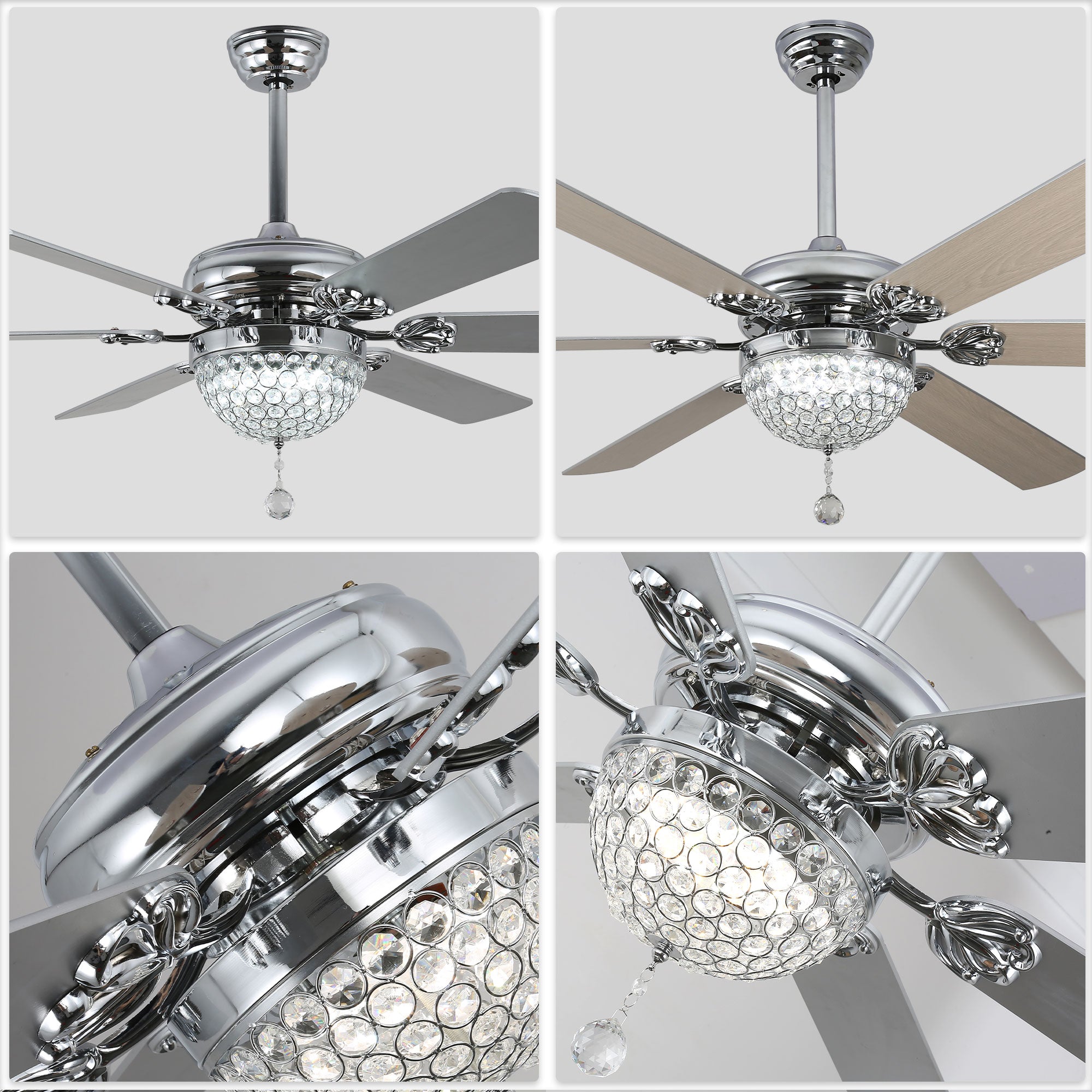 65 Inch Black/Chrome Modern Glam Crystal Ceiling Fan with Dimmable LED Light and Remote, 6 Speeds DC Motor Ceiling Fan with Crystals