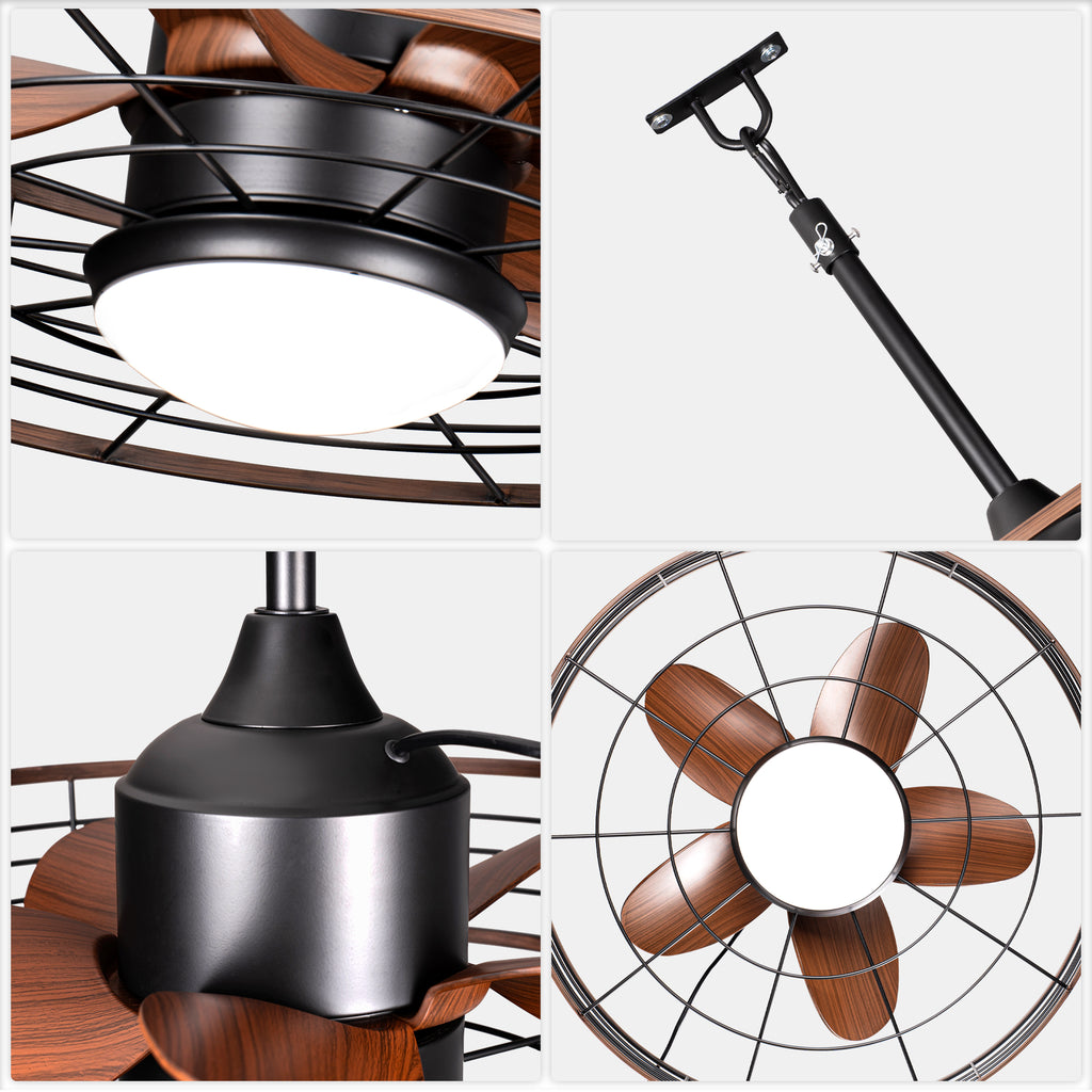 23.6 Inch Black Outdoor Dimmable Ceiling Fan with LED Light and Remote, Farmhouse Reversible 6 Speeds Quiet DC Motor Caged Ceiling Fan for Patio