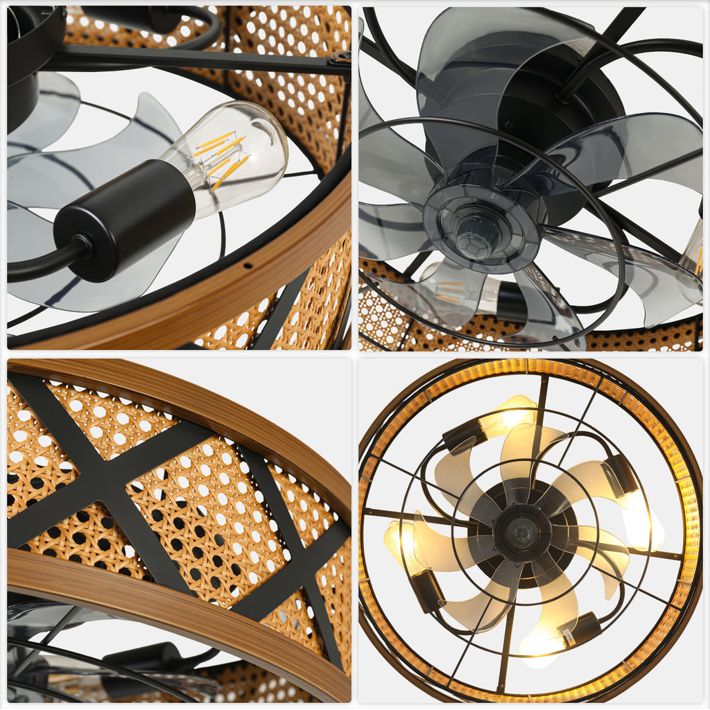 23 Inch Bohemian Rattan Flush Mount Ceiling Fan with Lights and Remote, 6 Speeds DC Motor Farmhouse Low Profile Bladeless Ceiling Fan