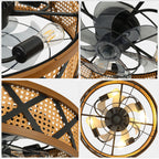 23 Inch Bohemian Rattan Flush Mount Ceiling Fan with Lights and Remote, 6 Speeds DC Motor Farmhouse Low Profile Bladeless Ceiling Fan