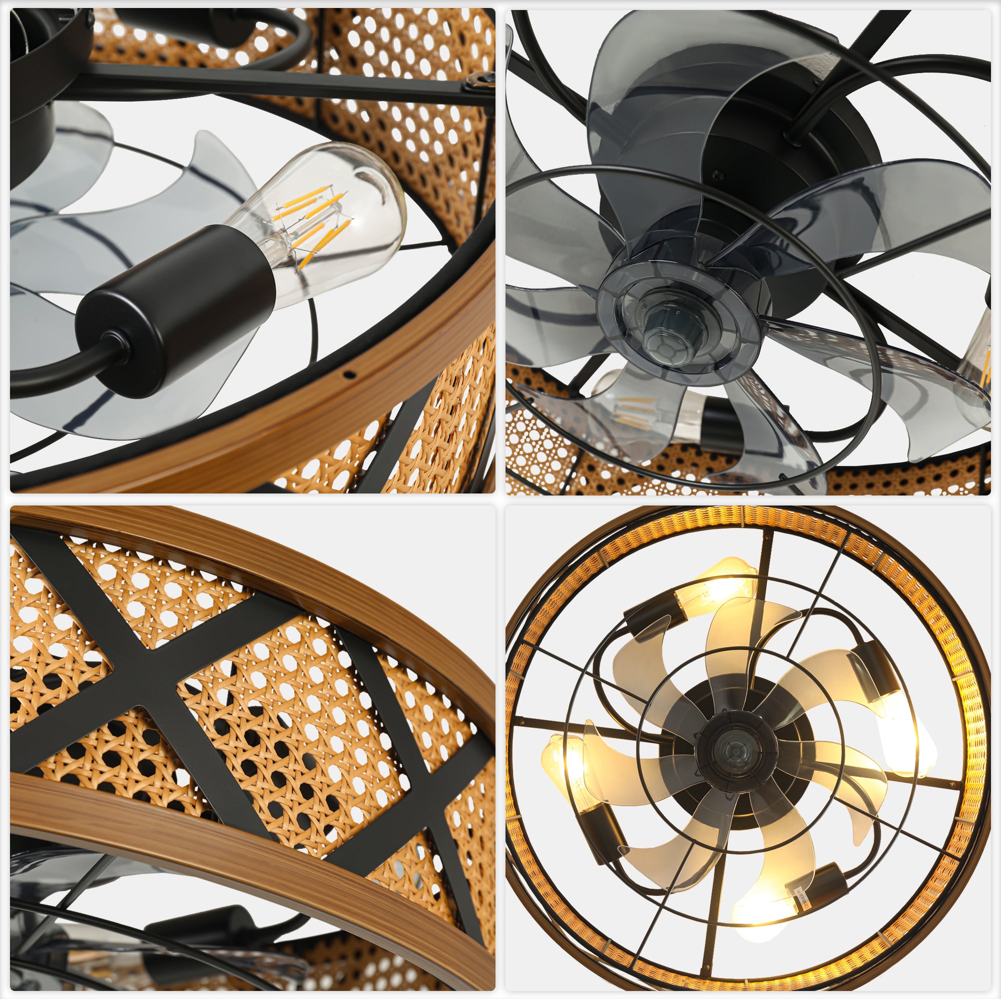 23 Inch Bohemian Rattan Flush Mount Ceiling Fan with Lights and Remote, 6 Speeds DC Motor Farmhouse Low Profile Bladeless Ceiling Fan