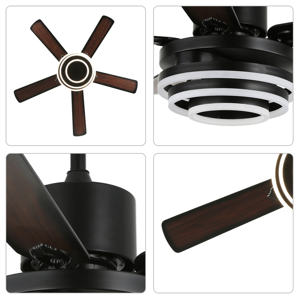 52 Inch Black/Chrome Modern Ceiling Fan with LED Light and Remote Control, 6 Speeds DC Motor Reversible Ceiling Fan with DIY Shade