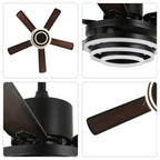 52 Inch Black/Chrome Modern Ceiling Fan with LED Light and Remote Control, 6 Speeds DC Motor Reversible Ceiling Fan with DIY Shade